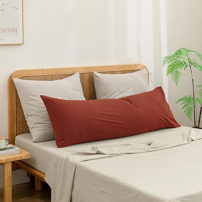 BESTOUCH 100% Washed Cotton Pillowcase for Hair and Skin Linen Feel Soft Comfortable Breathable 1 Pcs Pillow Case with Envelope Closure Solid Burnt Brick Red Body 20x54 Inches