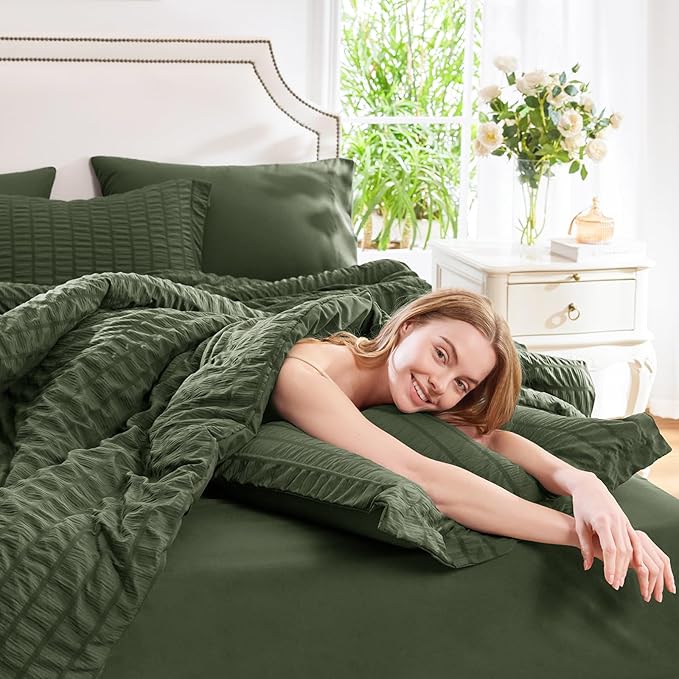CozyLux Full Size Comforter Sets with Sheets 7 Pieces, Olive Green Seersucker Bed in a Bag Textured Luxury Soft Bedding Sets with Down Alternative Comforter, Sheets, Pillowcases & Shams for All Season