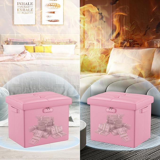 DocSafe Storage Ottoman Foot Rest Stool with Lock ＆ Handles, Fireproof Folding Leather Footstool Bench with Storage Safe for Living Room Bedroom, Home Office, Dorm, 17x13x13in, Pink