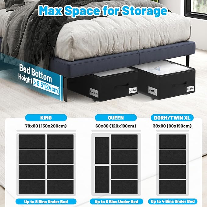 Under Bed Storage with Wheels, 2-Pack 10" Height XXL 60L Rolling Storage Bins, Quick Assembly Underbed Shoe Storage Containers with Clear Lid & Label, Dorm Under Bed Drawers for Clothes, Shoes, Black