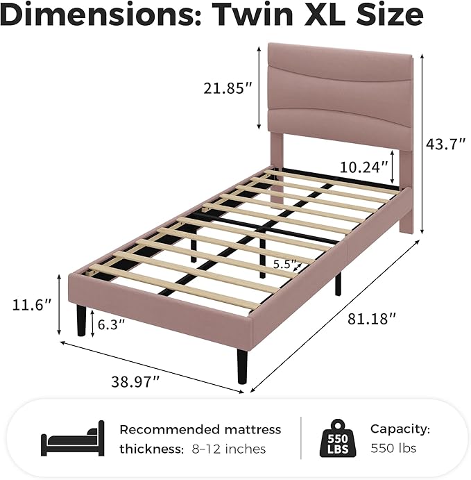 GarveeHome Twin XL Modern Upholstered Bed Frame with Soft Padded Headboard,Sturdy Metal Steel Slat Support, Noise-Free Quiet Design,Easy Assembly,Heavy Duty Stable Bed Frame(Pink)