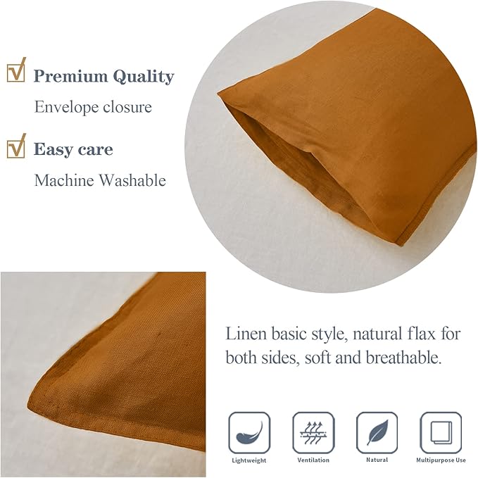 Simple&Opulence 100% Linen Lumbar Pillow Cover 12 x 20 Inches Set of 2 Rectangular Decorative Throw Cushion Cover for Couch Sofa Bed Living Room Office Soft Breathable Farmhouse - Rust