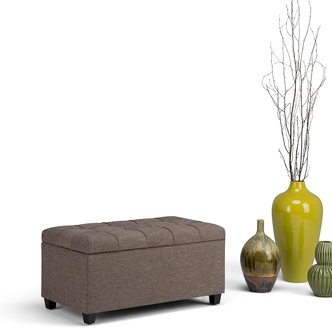 SIMPLIHOME Sienna Storage Ottoman Bench - 33 inch Wide Upholstered Linen Look Fabric Rectangle Storage Ottoman Bench in Tanners Brown, Transitional Tufted Ottoman for Living Room with Lift Top