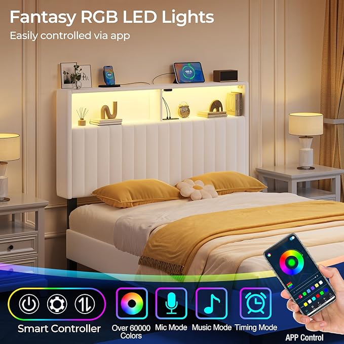 Rolanstar Headboard for Twin Size Bed with Storage, Head Board with USB & Type C Port, 60,000 DIY Color of LED Light, Velvet Upholstered, Height Adjustable, Sturdy, Easy Assembly, White