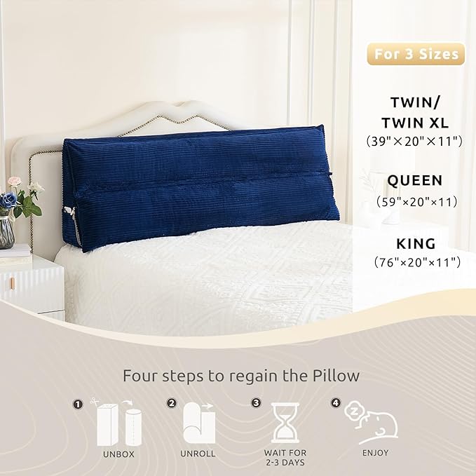 Zelladorra Wedge Pillow Headboard, Headboard Pillow Queen for Reading or Sitting, Bolster Pillow with Large Memory Foam, Removable Cover, Navy