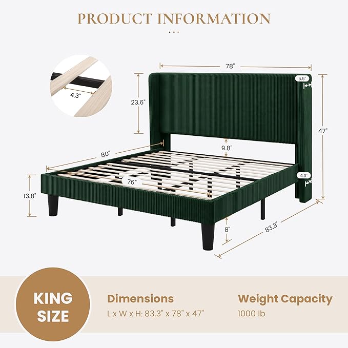 SHA CERLIN King Size Corduroy Upholstered Platform Bed Frame with Vertical Channel Tufted Wingback Headboard, 8" Under Bed Storage, Wooden Slats & Metal Frame Support, Easy Assembly, Dark Green