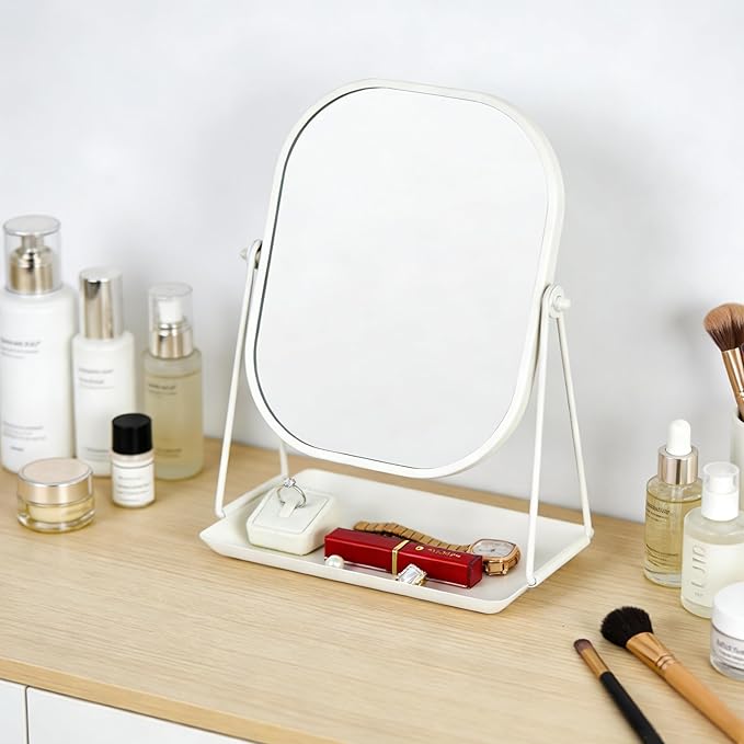 Tstarer Rotating Metal Makeup Mirror with Storage, Vanity Mirror for Desk, Bathroom, Bedroom, Dressing Table (White)