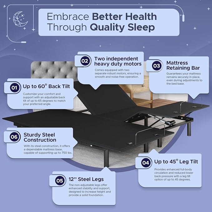Celestial Sleep Aurora Adjustable Bed Base (Frame Only), Easy Assembly, Head and Foot Lift, Zero Gravity, Memory Positions - Split King