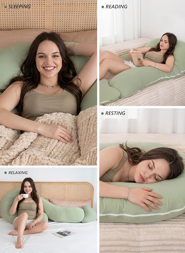 Meiz Question Mark Body Pillow for Adults & Couples - Rayon Cover Derived from Bamboo, Full Body Support for Side Sleepers, Back & Pregnancy, with Detachable Heart Cushion, Sage Green