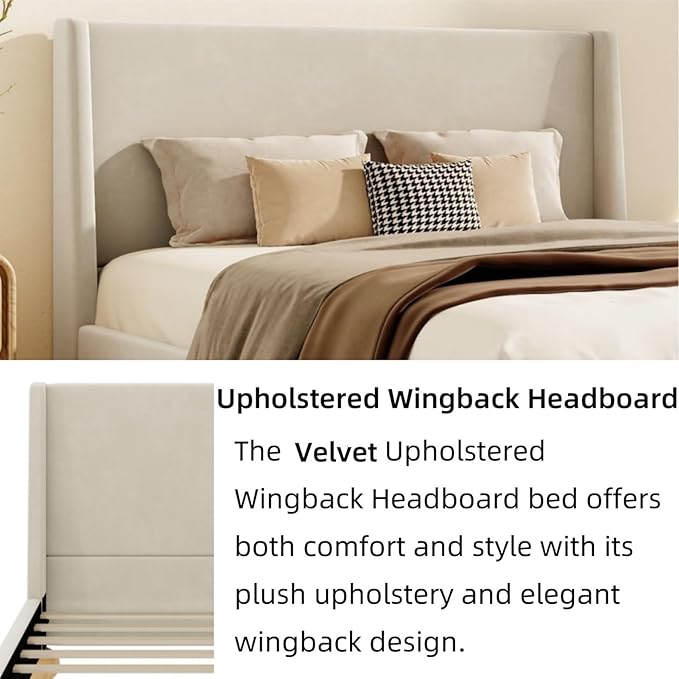Merax Solid Wood King Size Velvet Bed Frame with Wingback Headboard, Modern Upholstered Platform with Walnut Wooden Legs, Strong Wooden Slats, No Box Spring Needed, Beige