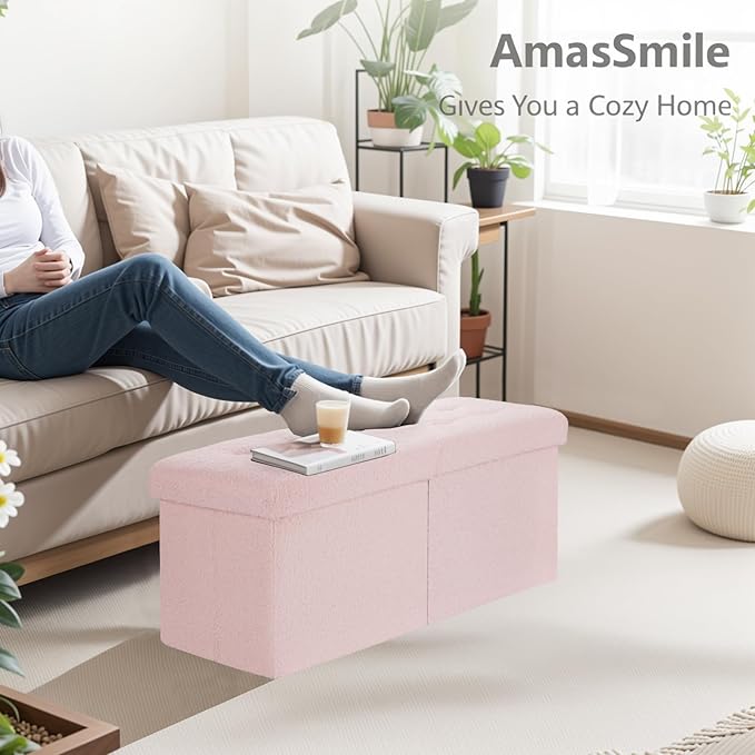 AmasSmile Footrest Ottoman Bench with Storage,34Inch Pink Teddy Velvet Footstool, Coffee Table, Padded Seat, Storage Chest,Blanket Store with Flipping Lid for Livingroom and Bedroom
