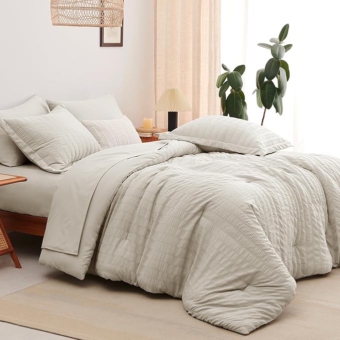 CozyLux Twin XL Comforter Set with Sheets Seersucker Beige 5 Pieces Bed in a Bag, Twin Extra Long Luxury Soft Bedding Sets for College Dorm with Down Alternative Comforter, Sheets, Pillowcase & Sham