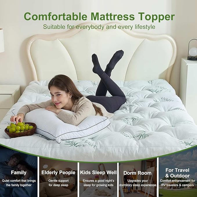 Whatsbedding Memory Foam Mattress Topper Queen Size, 5 Inches Memory Foam Topper with Cooling Viscose Made from Bamboo Cover, Deep Pocket