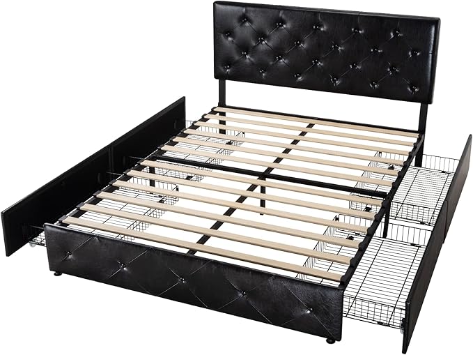 Allewie Upholstered Full Size Platform Bed Frame with 4 Storage Drawers and Headboard, Diamond Stitched Button Tufted, Mattress Foundation with Wooden Slats Support, No Box Spring Needed, Black