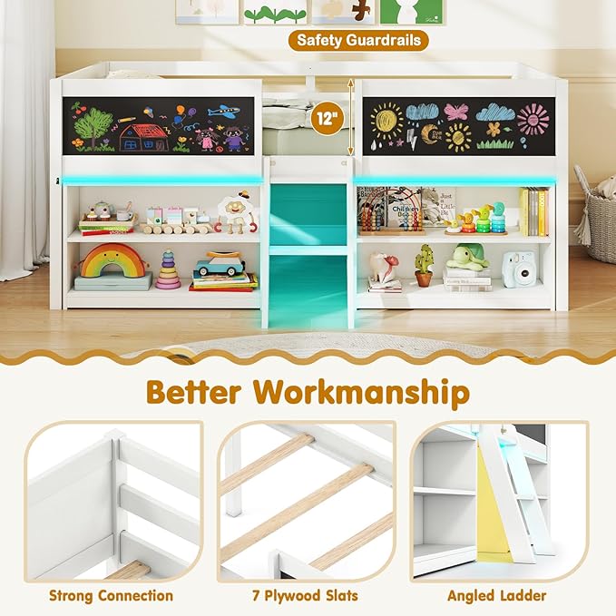 Giantex Low Loft Bed with LED Lights, Wooden Twin Size Loft Bed with Ladder & Blackboard, Twin Bed Frames for Kids with Storage 2 Bookcases and Play Space, White