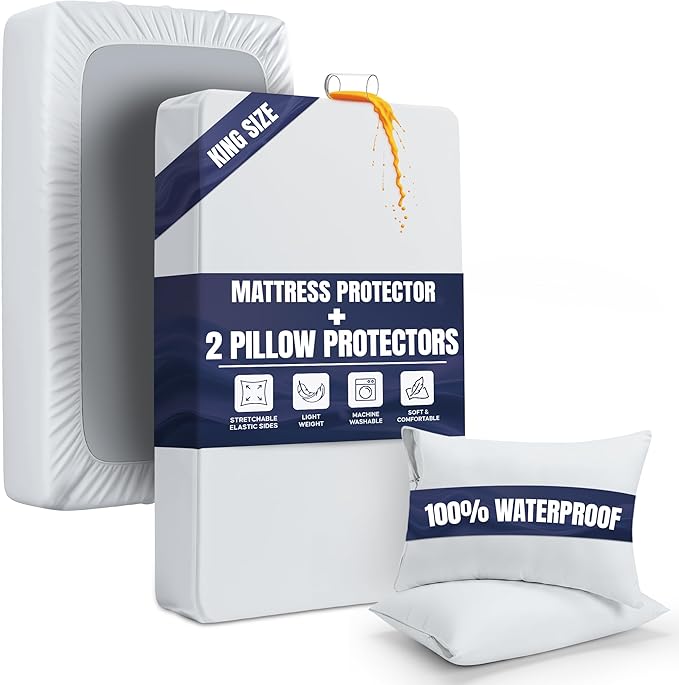 Waterproof Mattress Protector and Pillow Cases, King Size, Includes +2 Zippered Pillow Protectors and 1 Mattress Cover Set, Fitted Sheet Style Deep Pockets with All Around Elastic