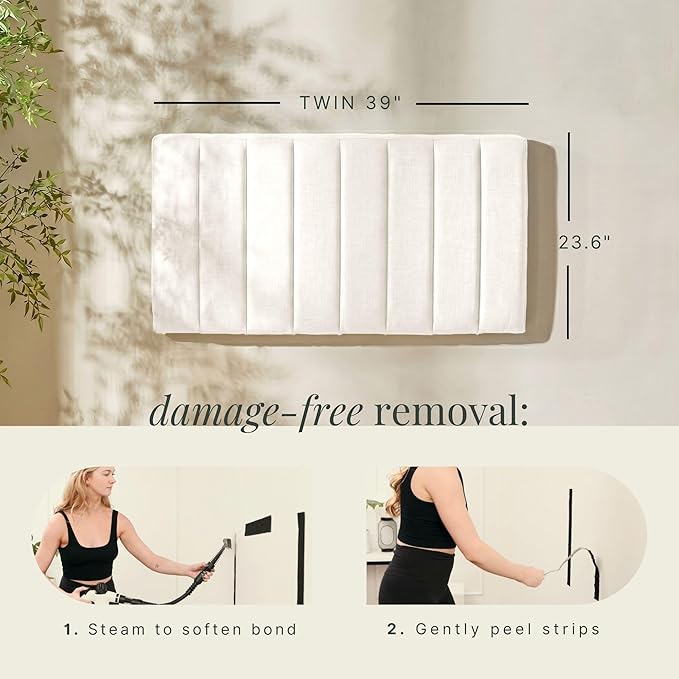 Hearth & Harbor Upholstered Twin Headboard - Easy Assemble Channel Stitched Headboard Twin Size - Wall Mounted Headboards with 3D Soundproof Wall Panels Peel & Stick Floating Headboards, Off White