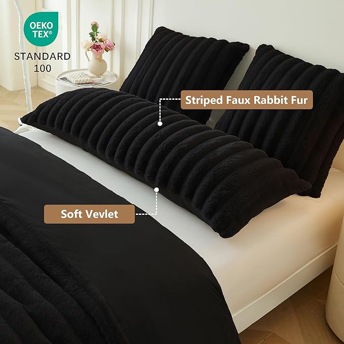 MEGO Fluffy Faux Rabbit Fur Body Pillow Cover, Soft Plush Fuzzy Wide Striped 20x54 Body Pillowcase with Zipper, Home Decorative Shaggy Furry Ribbed Long Pillow Cover for Bed Couch Sofa Bedroom, Black