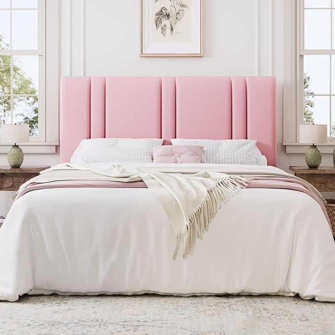 SHA CERLIN Queen Size Platform Bed Frame, Velvet Upholstered Bed with Adjustable Headboard, Vertical Channel Tufted Design, Sturdy Wood Slat Support, No Box Spring Needed, Easy Assembly, Pink