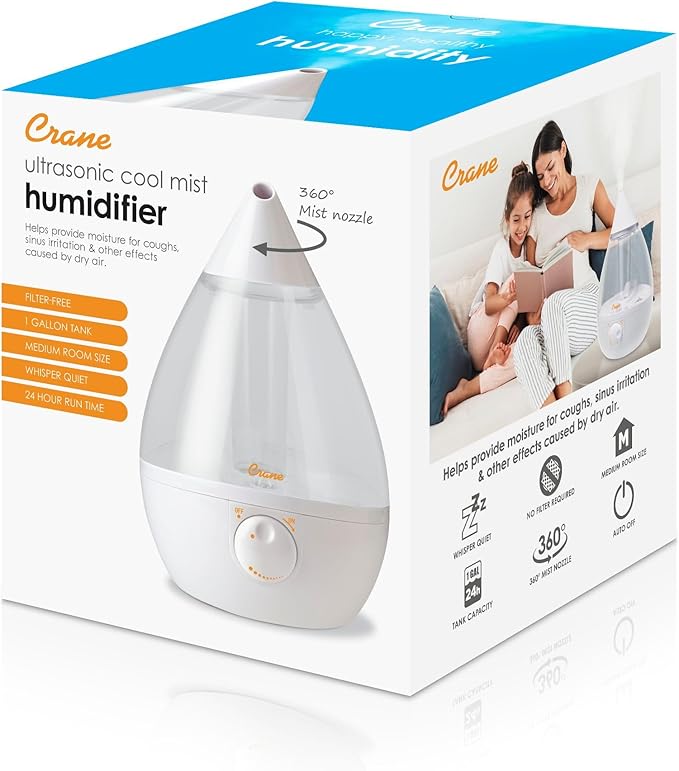 Crane Ultrasonic Cool Mist Humidifier for Bedroom, Baby Nursery, Kids Room, Plants, or Office, Large 1 Gallon Tank, Filter Optional, Clear and White