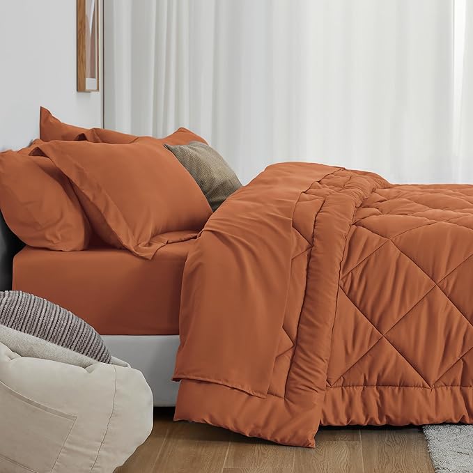 Love's cabin Twin XL Comforter Set Terracotta, 5 Pieces Twin XL Bed in a Bag, All Season Bedding Sets with 1 Comforter, 1 Flat Sheet, 1 Fitted Sheet, 1 Pillowcase and 1 Pillow Sham | Soft, Breathable, Lightweight, Comfortable