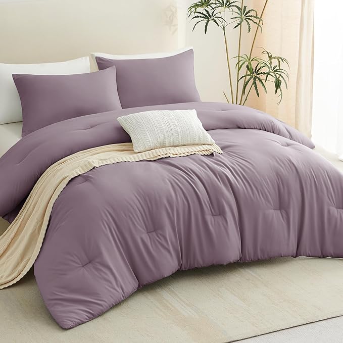 CozyLux Twin Comforter Set Dusty Purple, 2 Pieces Twin Extra Long Solid Breathable Bedding Sets College Dorm, Twin XL Grayish Purple Luxury Bed Set with Down Alternative Comforter and 1 Pillowcase