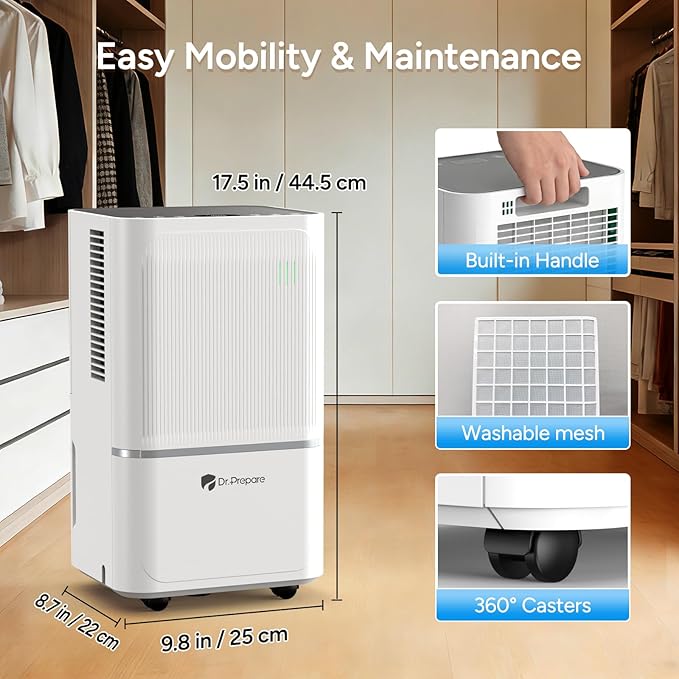 DR.PREPARE 2500-2600 Sq.Ft Dehumidifier for Home with Drain Hose, 38 Pints/Day Dehumidifier for Basement, Bedroom, Bathroom, Dry Clothes, Intelligent Humidistat, 3 Modes, 24H Timer, 0.53 Gal Bucket