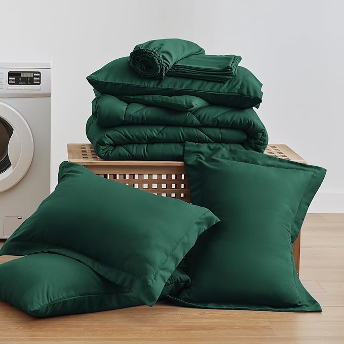 Love's cabin Full Comforter Set Dark Green, 7 Pieces Full Bed in a Bag, All Season Bedding Sets with 1 Comforter, 1 Flat Sheet, 1 Fitted Sheet, 2 Pillowcase and 2 Pillow Sham | Soft, Breathable, Lightweight, Comfortable