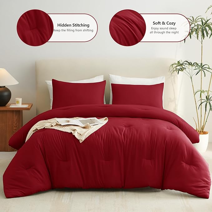 CozyLux Twin Comforter Set Dark Red, 2 Pieces Twin Extra Long Solid Breathable Bedding Sets for College Dorm, Twin XL Luxury Soft Bed Set with Down Alternative Comforter and 1 Pillowcase All Seasons