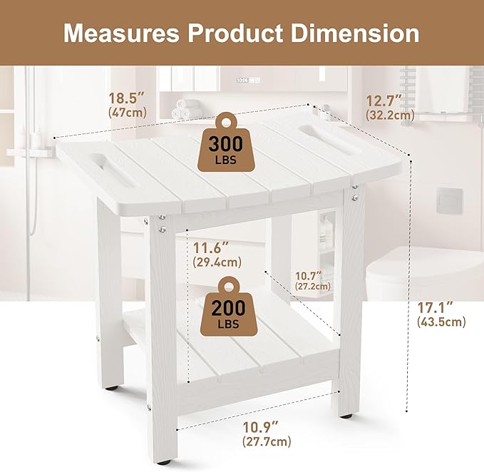 HIPS Shower Benches for Inside Shower, Shower Stool with Space-Efficient Storage Shelf, Waterproof Shower Chair Seat for Spa Bathroom(White)