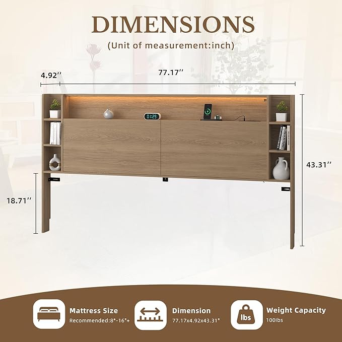 King Headboard Only with Shelves Storage, Headboards with Charging Station 2 USB Ports and LED Light,Sturdy and Stable Modern Sturdy and Stable Wood Bed Board (Natural Oak, King) | Solid wood leg, chargestation, Storage