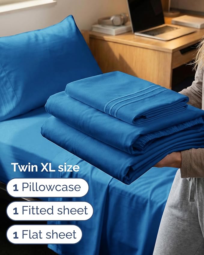 Twin XL Size 3 Piece Sheet Set - Comfy Breathable & Cooling Sheets - Hotel Luxury Bed Sheets for Women & Men - Deep Pockets, Easy-Fit, Soft & Wrinkle Free Sheets - Royal Blue Oeko-Tex Bed Sheet Set
