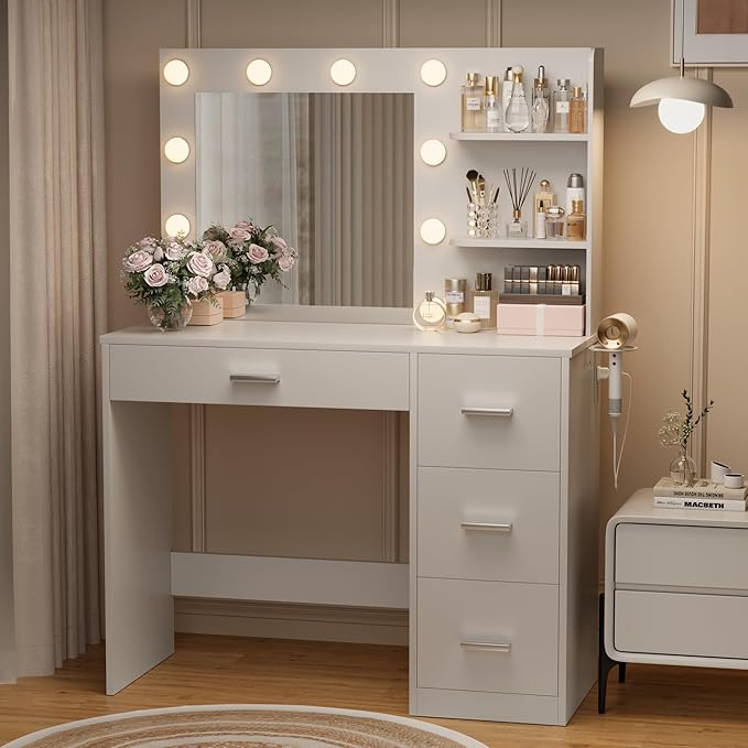 YESHOMY Vanity Desk with Mirror, 10 Lights, Power Outlet and 3 Storage Shelves, Makeup Table with 4 Drawers, 3 Color Modes, for Bedroom, White