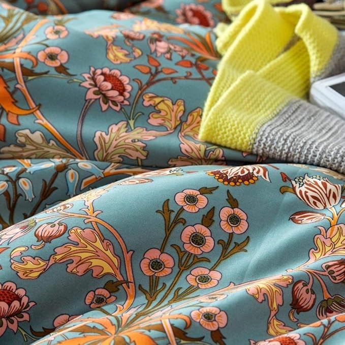 VM VOUGEMARKET Gold Green Flower Duvet Cover Full,Medallion Print Bedding Set Percale Cotton Vibrant Bohemian Pattern Quit Cover with Zipper Closure