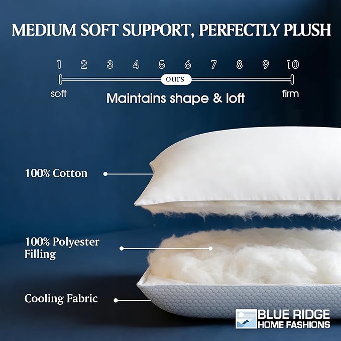 Blue Ridge Home Fashions Cooling Bed Pillows King Size Set of 2, Reversible Cooling & Cotton Fabric, Medium Firm, Down Alternative Breathable Support for Hot, Side, Back & Stomach Sleepers, 20" x 36"
