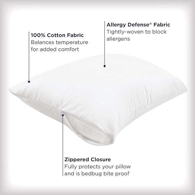 AllerEase Ultimate Cotton Pillow Protector Advanced Allergy Protection Temperature Balancing Comfort Zippered Pillow Cover, S/Q, White- 4 Pack