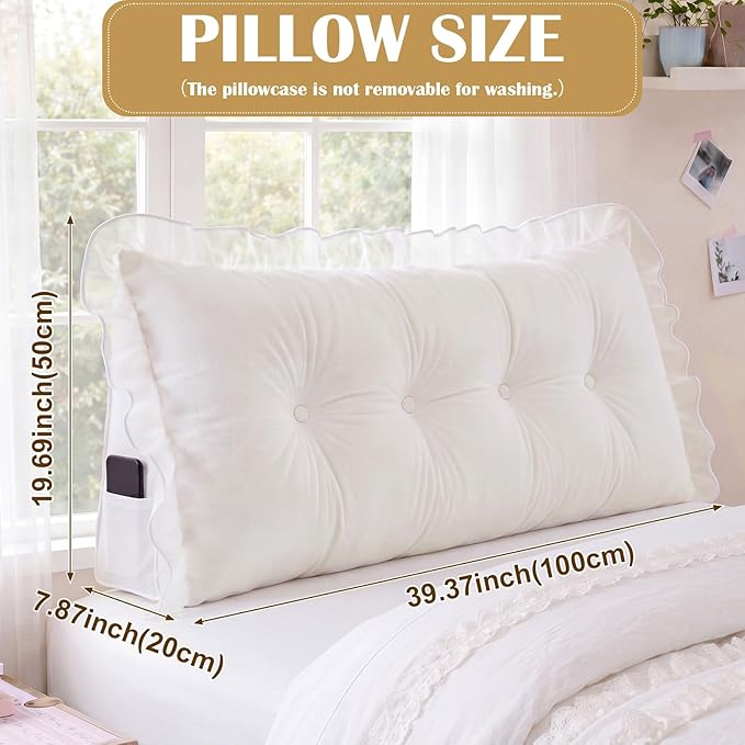 Leinuosen 39 in Ruffle Wedge Headboard Pillow for Dorm Twin XL College Bed Reading Bolster Dorm Velvet Triangular Bed Backrest Wedge Pillow Cushion for College Reading Support(White)