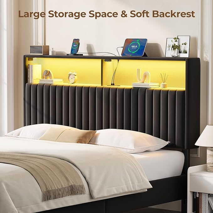 Rolanstar Headboard for Full Size Bed with Storage, Head Board with USB & Type C Port, 60,000 DIY Color of LED Light, Velvet Upholstered, Height Adjustable, Sturdy, Easy Assembly, Black