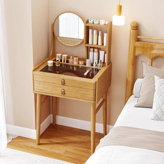 CHARMAID Small Vanity Desk with Mirror, Glass Top Bamboo Makeup Vanity Table with Storage Drawers & Shelves, Tabletop Groove, Rotatable Mirror, Compact Dressing Table for Bedroom Small Spaces, 23.5"W
