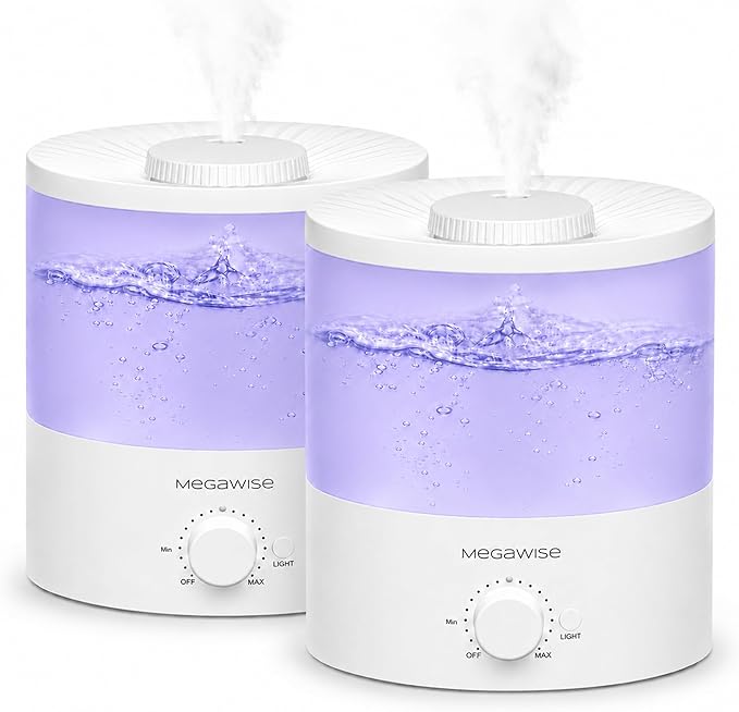 MegaWise Cool Mist Humidifiers for Babies, Bedroom, Nursery, Home and Office | Super Quiet Ultrasonic Vaporizer, Large Top-Refill 1.5L, Essential Oil Diffuser, Auto Off, Easy Clean (2 Pack)