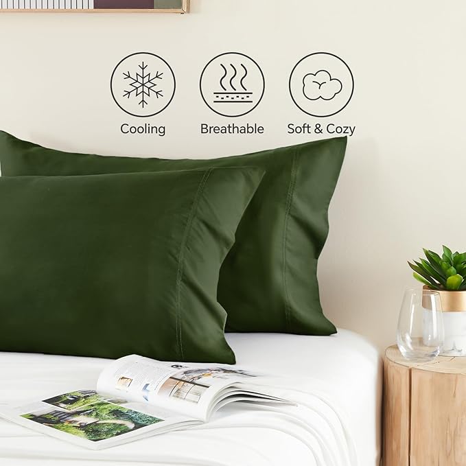 BEDELITE Standard Pillow Cases Set of 2, Rayon Derived from Bamboo, Cooling Pillow Cases for Hot Sleepers & Night Sweats, Breathable Silky Soft Envelope Pillowcases(Olive Green, 20"x26")