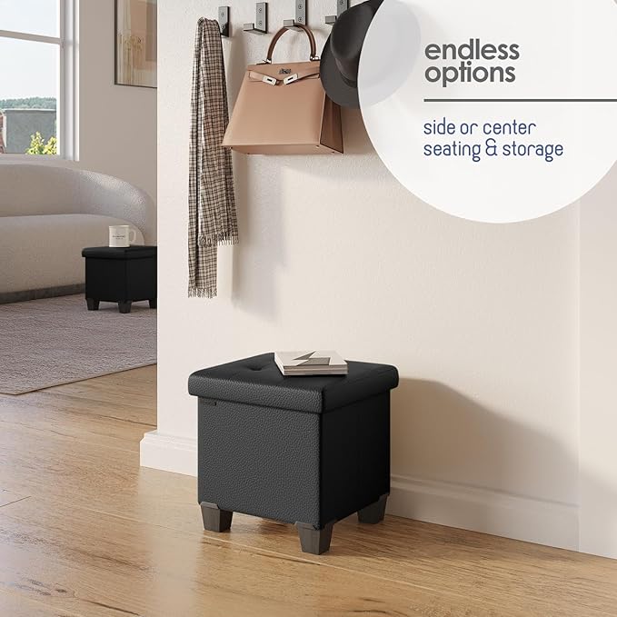 Storage Ottoman Cube with Small Bin, 15-in Square Ottoman with Storage for Living Room and Bedroom, Small Ottomans Foot Rest, Faux Leather Foot Stools Ottomans Max 330lbs, Black