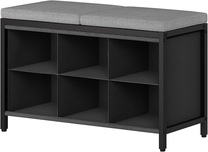 YATINEY Shoe Storage Bench with Cushion, Entryway Bench, Shoe Rack with Padded Seat and 6 Oxford Compartments, for Closet, Bedroom, Entryway, Black and Gray HX01BK