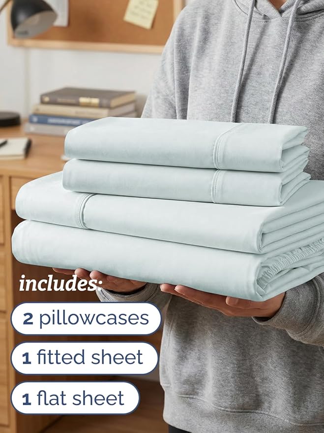 Twin XL 4 Piece Sheet Set - Comfy Breathable & Cooling - Hotel Luxury Bedding for Women, Men, Kids, Teens & Children - 1 Flat & 1 Fitted Sheet & 2 Pillowcases w/ Deep Pockets - Wrinkle Free - Ice Blue