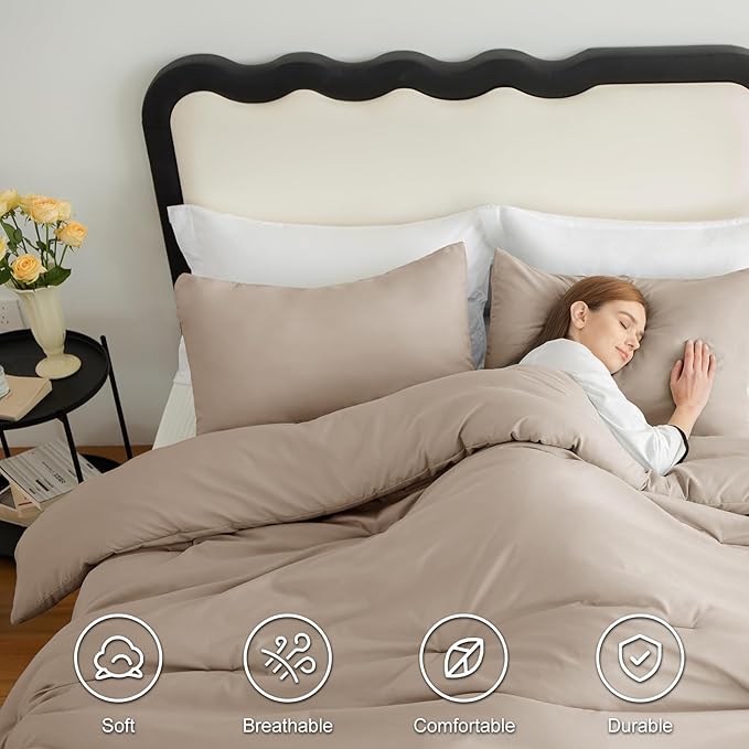 CozyLux Full Size Comforter Set Wheat, 3 Pieces Solid Breathable Quilted Bedding Sets, Luxury Lightweight Soft Bed Set with Down Alternative Comforter and 2 Pillowcases for All Seasons