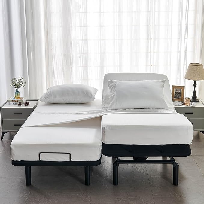 Kingnex Striped Split California King Sheets Sets for Adjustable Bed with Deep Pocket 5 Pieces Include 2 Cali Twin XL Fitted Sheets 1 Flat Sheet 2 King Size Pillowcases White