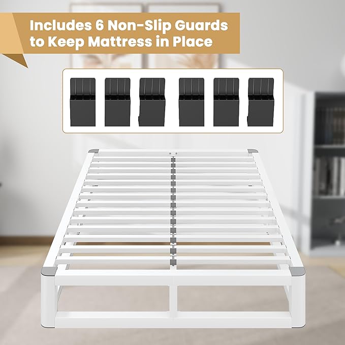 10 Inch King Size Bed Frame with Rounded Corner and Squeak Free U-Slot Design, Metal Platform Bed Frames 6 Non-Slip Guards, 3500lbs Heavy Duty Steel Slat Support, No Box Spring Needed, White
