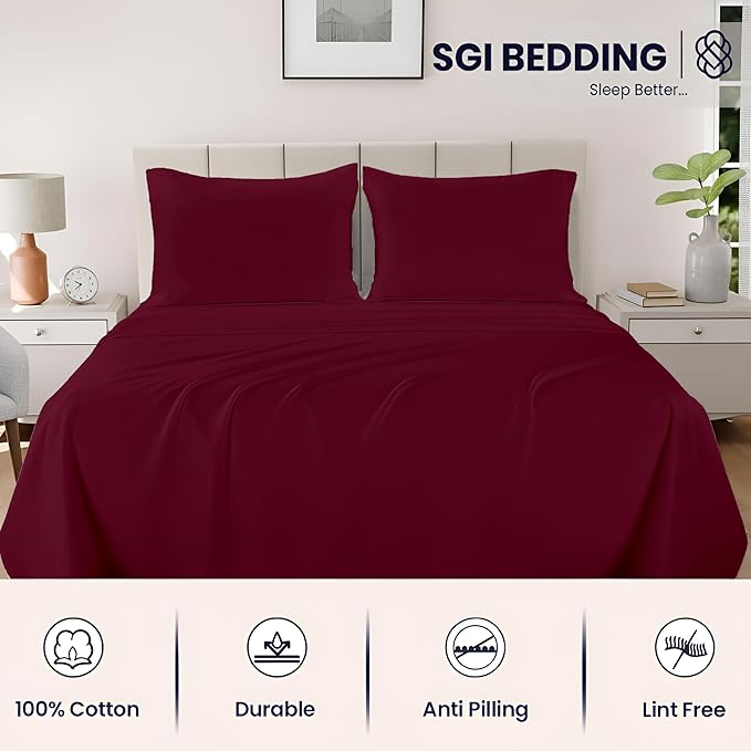 SGI bedding 100% Egyptian Cotton Sheets Full Size – 600 Thread Count Sheets Set, Soft, Cooling, 15" Deep Pocket, Luxury Hotel Bedding, Breathable, Durable - Burgundy