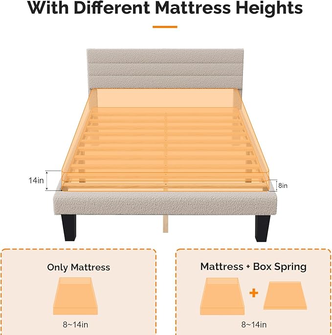 VINGLI Twin Bed Frame for Kids,Boucle Upholstered Platform Bed with Adjustable Headboard,Sturdy Wood Slats Support,Cloud Single Bed with Cream Design,Noise Free, Easy Assembly, Beige