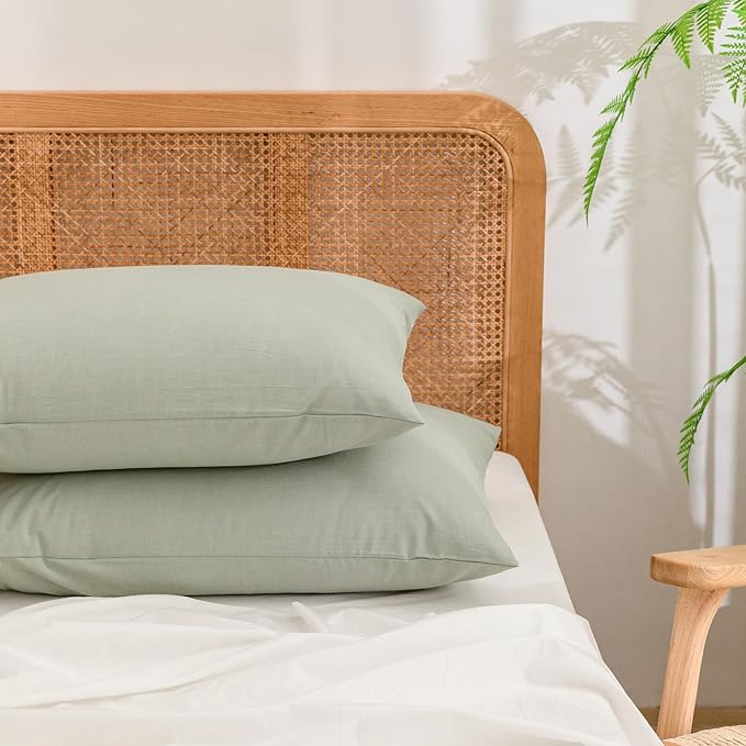 BESTOUCH 100% Washed Cotton Pillowcase for Hair and Skin Linen Feel Soft Comfortable Breathable 2 Set Pillow Case with Envelope Closure Solid Sage Green King 20x36 Inches